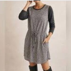 LOU & GREY Medium Gray White Patterned Long Sleeve Dress Tie Waist Mixed Media